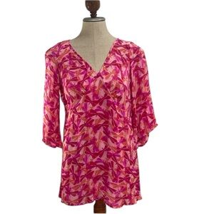 Neiman Marcus 100% silk tunic top butterflies dragonfly bell sleeve shee…